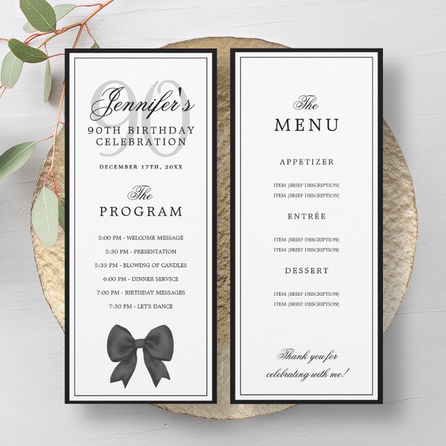 Invitación Elegant Black Bow 90th Birthday Program + Menu  (Elegant Black Bow 90th Birthday Program + Menu )
