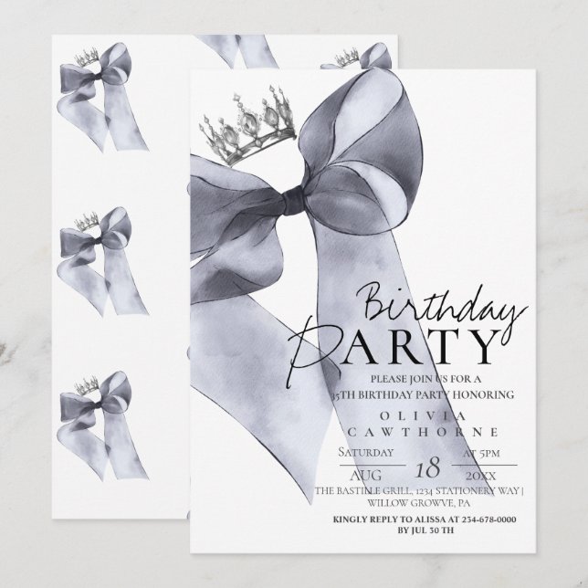 Invitación Elegant Black Bow Birthday Party  (Anverso / Reverso)