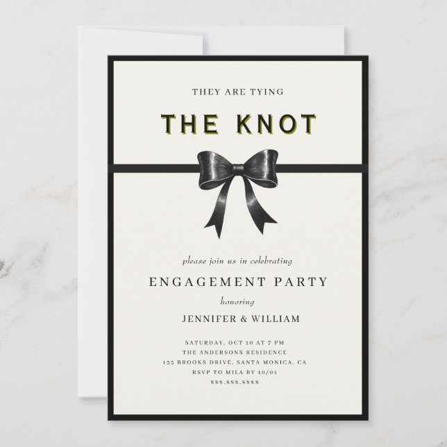 Invitación Elegant Black Bow Tying the knot Engagement Party (Anverso)