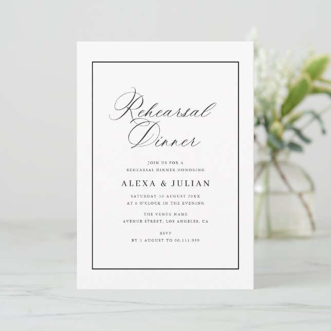 Invitación Elegant black calligraphy rehearsal dinner (Anverso de pie)