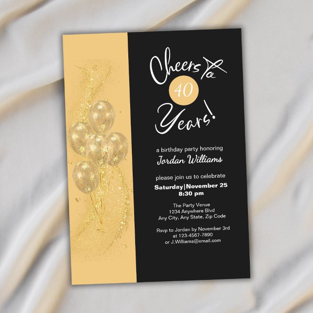 Invitación Elegant Black Cheers to 40 Years Birthday Party (Subido por el creador)