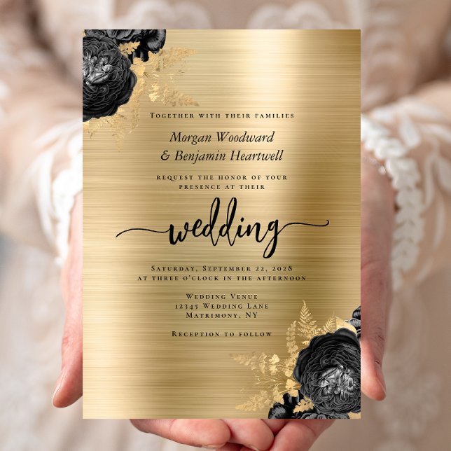 Invitación Elegant Black Floral Gold Brushed Metal Wedding (Subido por el creador)