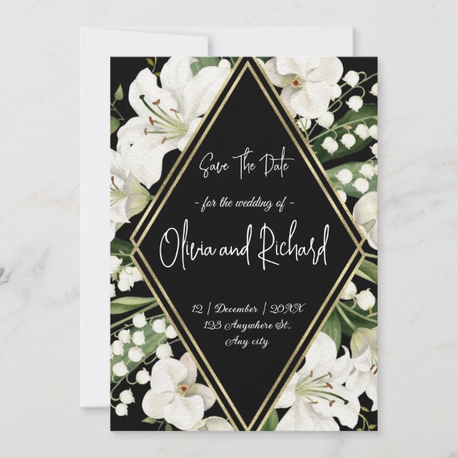 Invitación Elegant Black Floral Save the Date Wedding (Anverso)