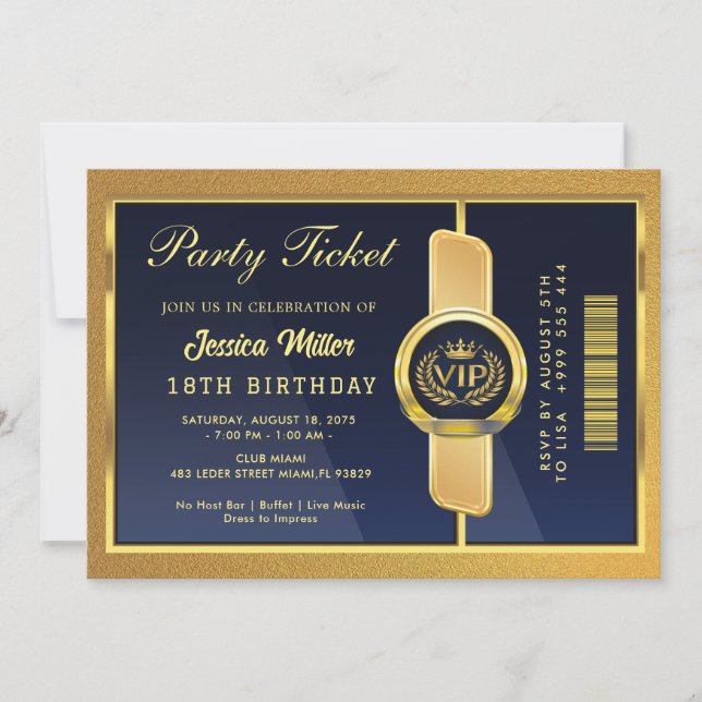 Invitación Elegant Black & Gold 18th Birthday Ticket Invite (Anverso)