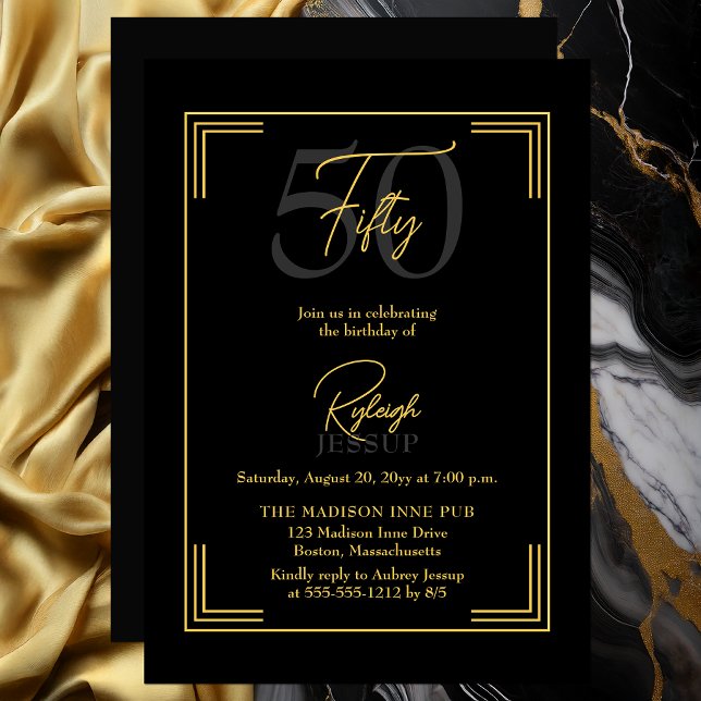 Invitación Elegant Black Gold 50th Birthday Art Deco Party (Elegant black and gold 50th birthday invitation with refined Art Deco frame)