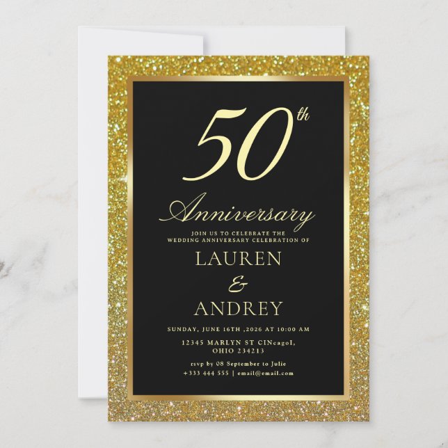 Invitación Elegant Black Gold 50th Wedding Anniversary (Anverso)