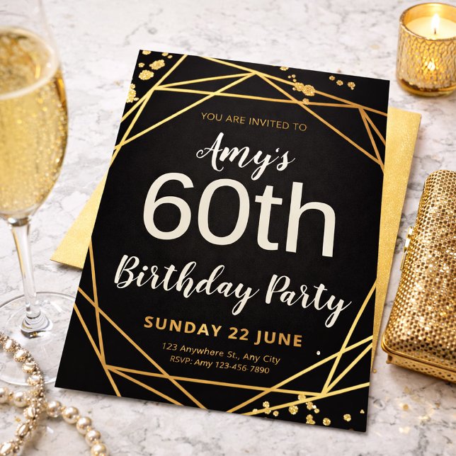 Invitación Elegant Black & Gold 60th Birthday Party (Elegant Black & Gold 60th Birthday Party Invitation, 60th Birthday Women)