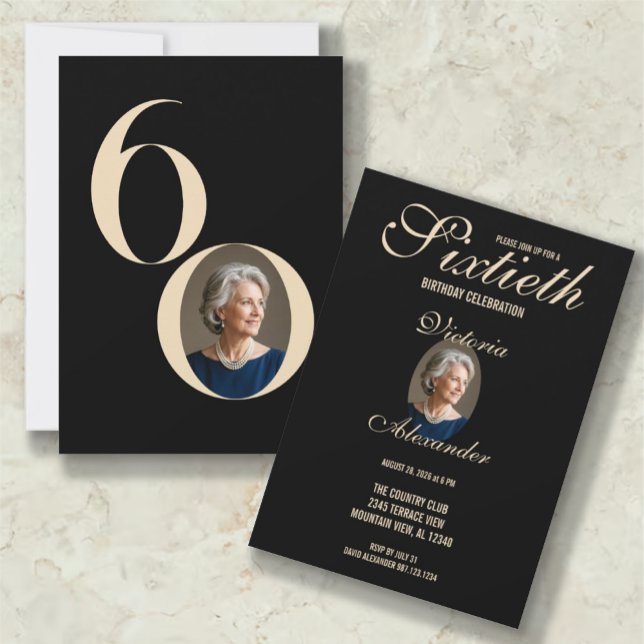 Invitación Elegant Black Gold 60th Birthday Photo  (Elegant Black Gold 60th Birthday Photo Invitation)