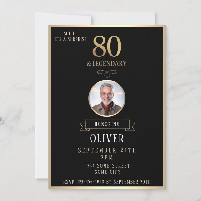 Invitación Elegant Black & Gold 80th & Legendary Birthday (Anverso)