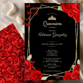 Invitación Elegant Black Gold and Red Roses Quinceanera 