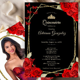 Invitación Elegant Black Gold and Red Roses Quinceanera 