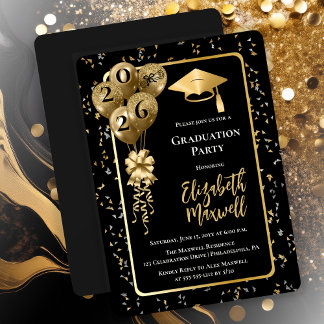 Invitación Elegant Black Gold Balloons Graduation Party