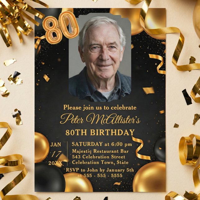 Invitación Elegant Black & Gold Balloons Photo 80th Birthday (Subido por el creador)