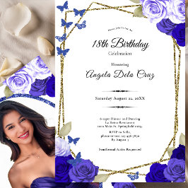 Invitación Elegant Black Gold Blue Roses 18th Birthday Debut 