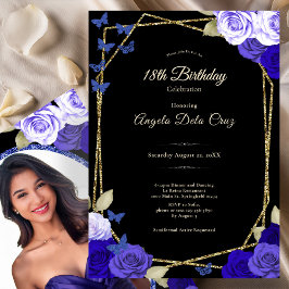 Invitación Elegant Black Gold Blue Roses 18th Birthday Debut 