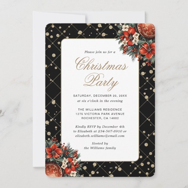 Invitación Elegant Black Gold Botanical Christmas Party (Anverso)