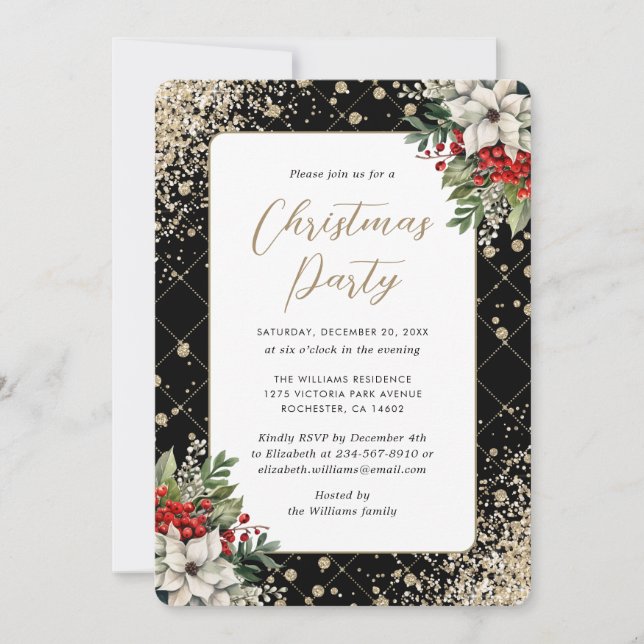 Invitación Elegant Black Gold Botanical Christmas Party (Anverso)