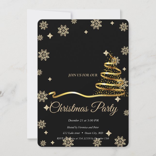 Invitación Elegant Black -Gold  Christmas Tree (Anverso)