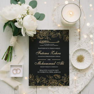 Invitación Elegant Black Gold Floral Muslim Wedding Nikah