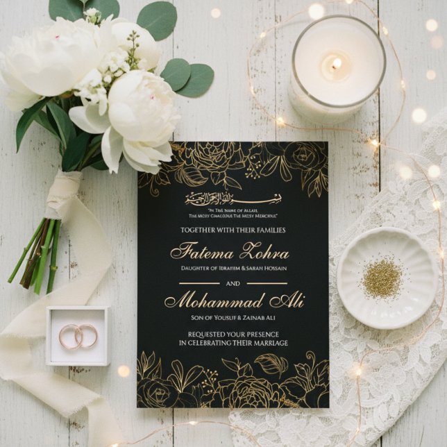 Invitación Elegant Black Gold Floral Muslim Wedding Nikah (Subido por el creador)