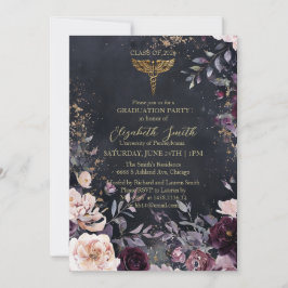 Invitación Elegant Black & Gold Floral Nursing Graduation Inv