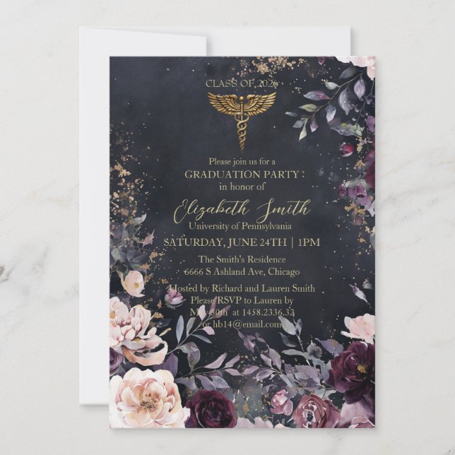 Invitación Elegant Black & Gold Floral Nursing Graduation Inv (Anverso)