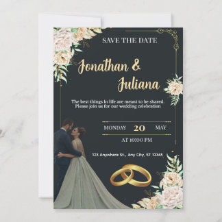 Invitación Elegant Black & Gold Floral Save the Date Wedding 