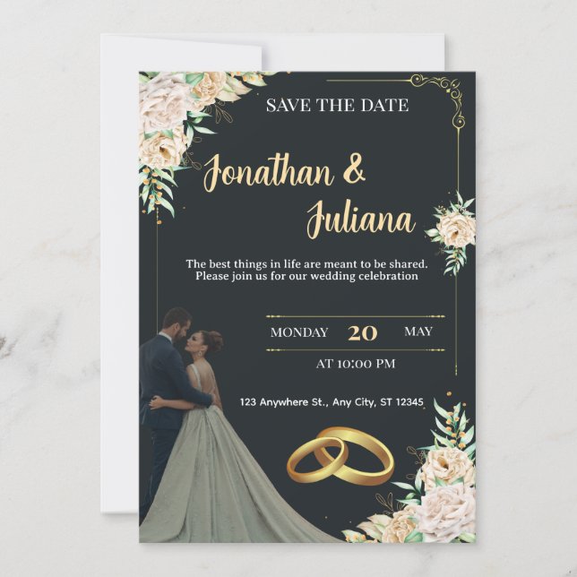 Invitación Elegant Black & Gold Floral Save the Date Wedding  (Anverso)