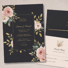 Invitación Elegant Black & Gold Floral Wedding Invitation