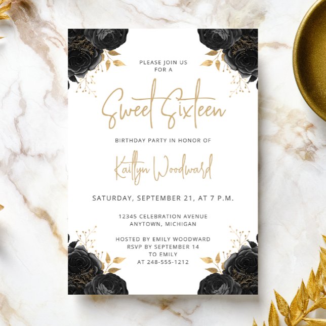 Invitación Elegant Black Gold Floral White Sweet 16 Party (Subido por el creador)