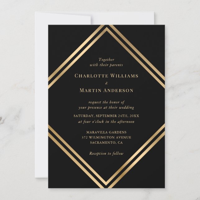 Invitación Elegant Black Gold Geometric Wedding (Anverso)