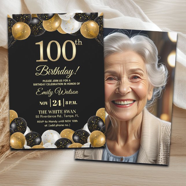 Invitación Elegant Black Gold Glitter 100th Birthday Photo (Subido por el creador)