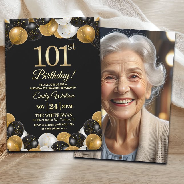 Invitación Elegant Black Gold Glitter 101st Birthday Photo (Subido por el creador)
