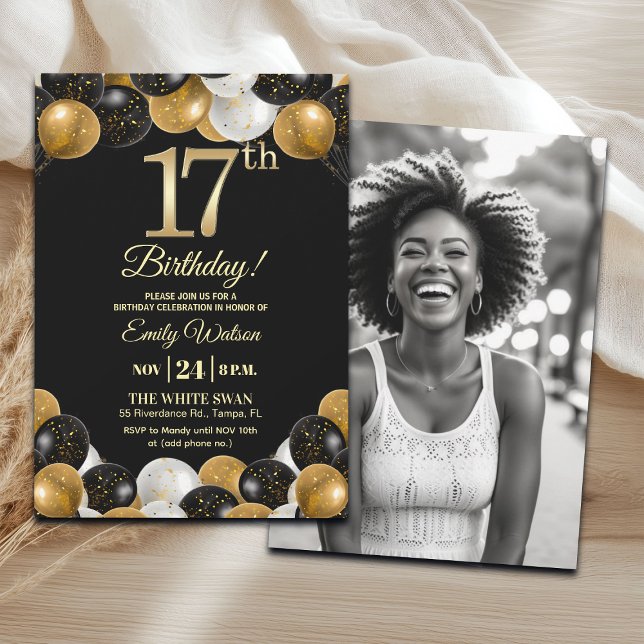 Invitación Elegant Black Gold Glitter 17th Birthday Photo (Subido por el creador)