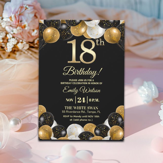 Invitación Elegant Black Gold Glitter 18th Birthday Party (Subido por el creador)