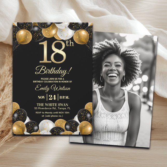 Invitación Elegant Black Gold Glitter 18th Birthday Photo (Subido por el creador)