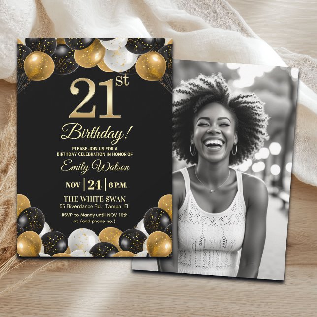 Invitación Elegant Black Gold Glitter 21st Birthday Photo (Subido por el creador)