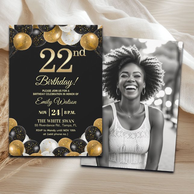 Invitación Elegant Black Gold Glitter 22nd Birthday Photo (Subido por el creador)
