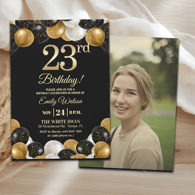 Invitación Elegant Black Gold Glitter 23rd Birthday Photo (Subido por el creador)