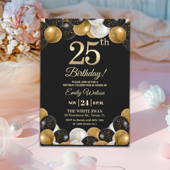 Invitación Elegant Black Gold Glitter 25th Birthday Party (Subido por el creador)