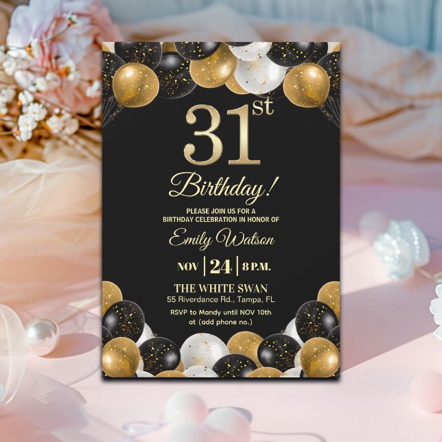 Invitación Elegant Black Gold Glitter 31st Birthday Party (Subido por el creador)