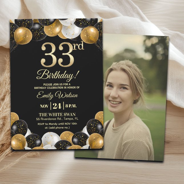 Invitación Elegant Black Gold Glitter 33rd Birthday Photo (Subido por el creador)