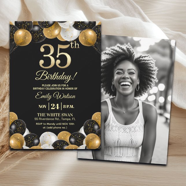 Invitación Elegant Black Gold Glitter 35th Birthday Photo (Subido por el creador)