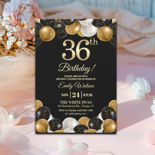 Invitación Elegant Black Gold Glitter 36th Birthday Party (Subido por el creador)