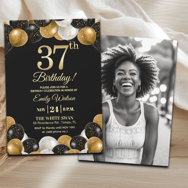 Invitación Elegant Black Gold Glitter 37th Birthday Photo (Subido por el creador)