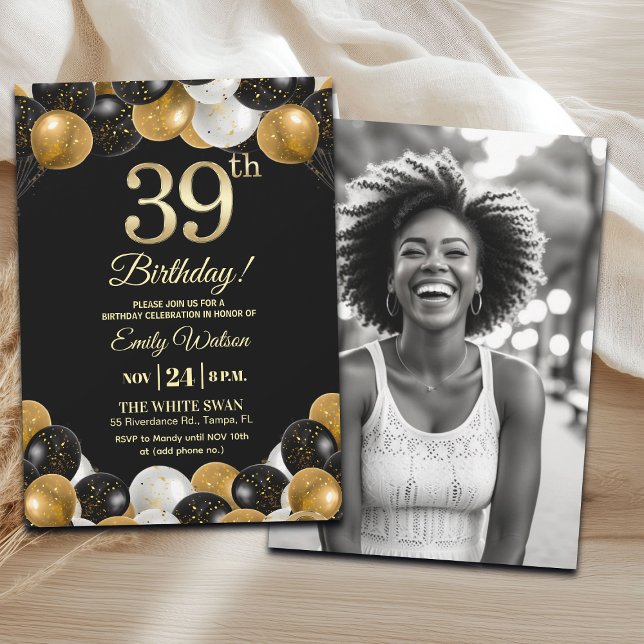 Invitación Elegant Black Gold Glitter 39th Birthday Photo (Subido por el creador)