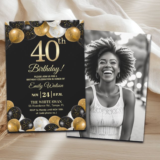 Invitación Elegant Black Gold Glitter 40th Birthday Photo (Subido por el creador)
