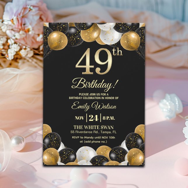 Invitación Elegant Black Gold Glitter 49th Birthday Party (Subido por el creador)