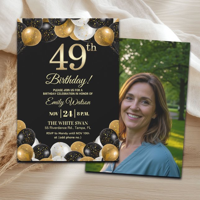 Invitación Elegant Black Gold Glitter 49th Birthday Photo (Subido por el creador)