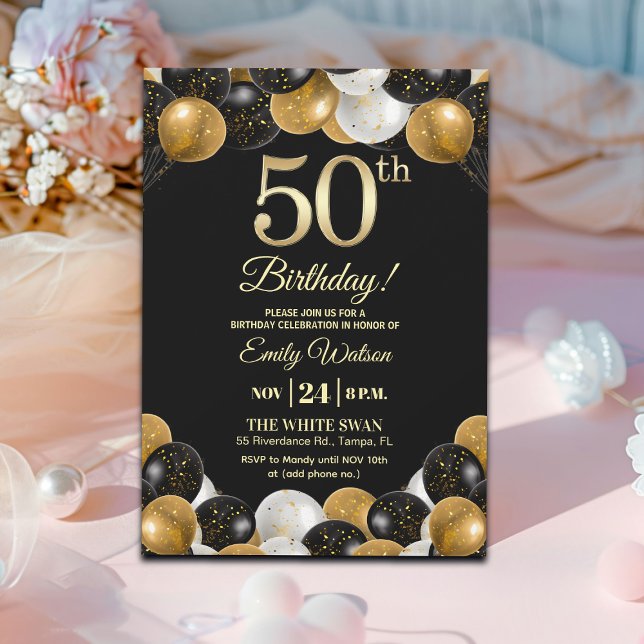 Invitación Elegant Black Gold Glitter 50th Birthday Party (Subido por el creador)